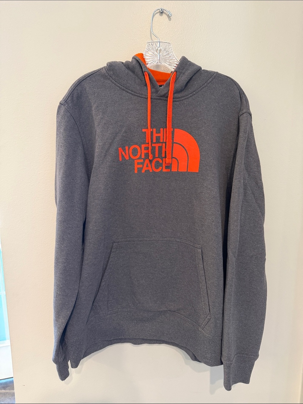 The North Face Men's Charcoal Gray Crewneck Hoodie with Orange Logo